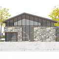 Modern Stone Wood Building Exterior With Large Glass Windows And Outdoor Seating