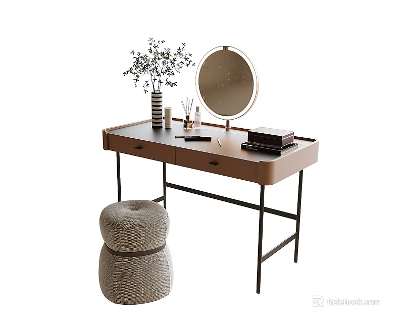 Modern Wooden Dressing Table with Metal Legs Round Mirror Vase Plants and Stool 3d model 