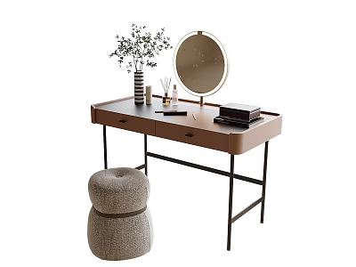 Modern Wooden Dressing Table with Metal Legs Round Mirror Vase Plants and Stool 3d model