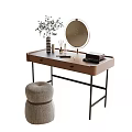 Modern Wooden Dressing Table with Metal Legs Round Mirror Vase Plants and Stool