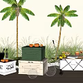 Practical Storage Boxes With Oranges Garden Tools Near Palm Trees White Pebbles And Grass 3d model