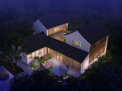 Traditional Ancient Architecture Night View With Tile Roof Courtyard And Green Plants Lighting 3d model