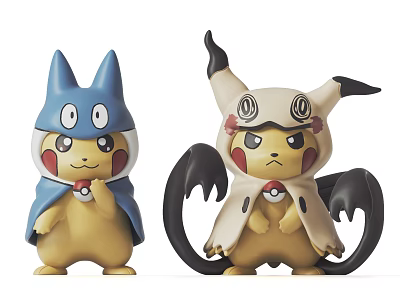 Two Pokémon Pikachu Plush Toys In Blue And Beige Costumes 3d model