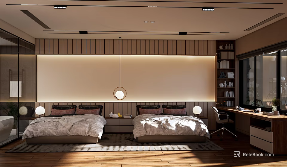 Modern Bedroom Interior Design With Twin Beds Pendant Lights Bookshelf And Wooden Floor 3d model 