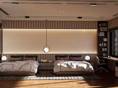 Modern Bedroom Interior Design With Twin Beds Pendant Lights Bookshelf And Wooden Floor 3d model