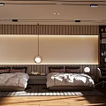 Modern Bedroom Interior Design With Twin Beds Pendant Lights Bookshelf And Wooden Floor