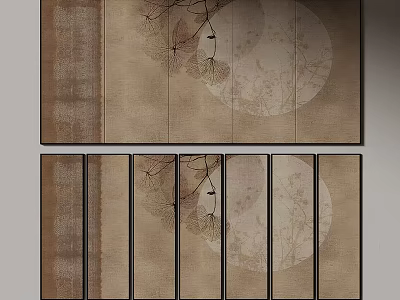 Japanese Style Bedroom Accent Wall Design With Circular Patterns And Branch Decor 3d model
