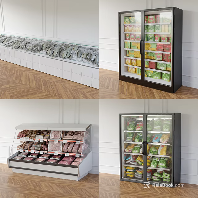 Display Case Refrigerators And Freezers With Glass Doors Holding Meat And Packaged Foods 3d model 