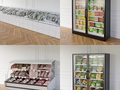 Display Case Refrigerators And Freezers With Glass Doors Holding Meat And Packaged Foods 3d model