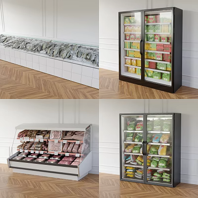 Display Case Refrigerators And Freezers With Glass Doors Holding Meat And Packaged Foods 3d model