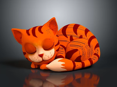 Adorable Orange Striped Sleeping Cat Decorative Figurine With Closed Eyes And Dark Surface Reflection 3d model