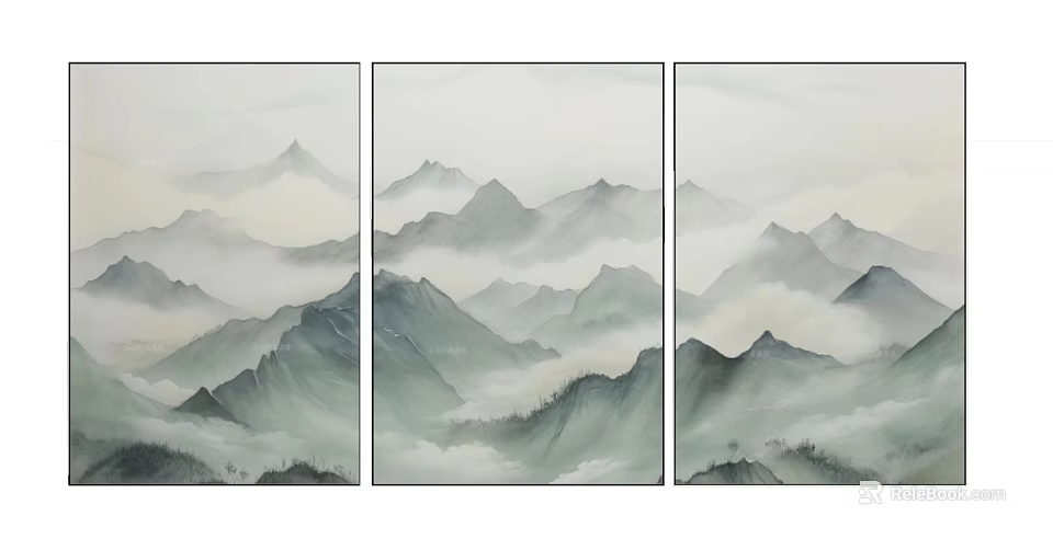 Chinese Ink Landscape Triptych Painting With Layered Mountains Misty Clouds And Soft Tones 3d model 