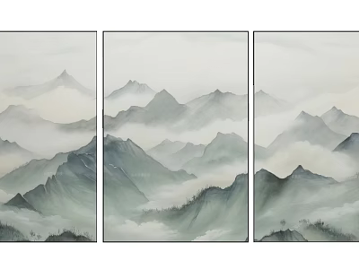 Chinese Ink Landscape Triptych Painting With Layered Mountains Misty Clouds And Soft Tones 3d model