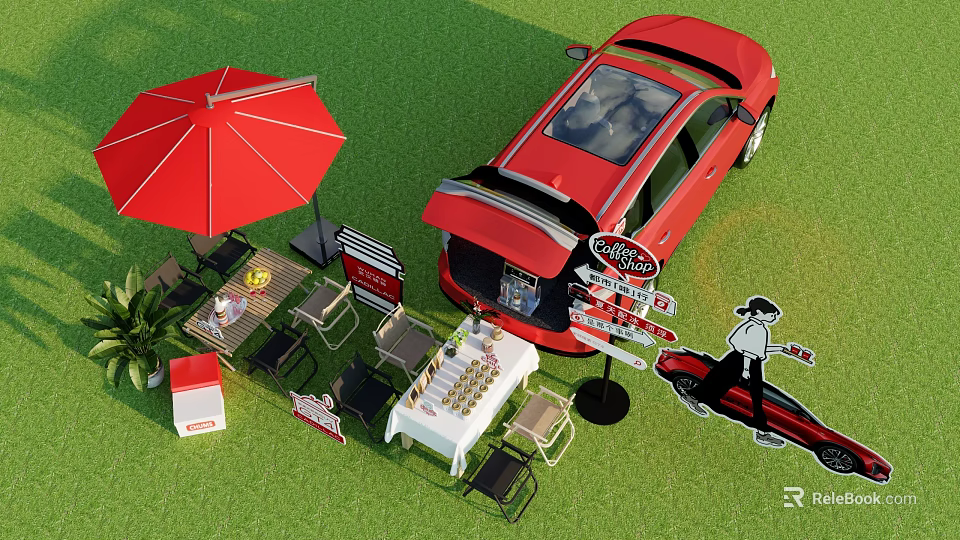 Outdoor Table On Green Grass With Red Umbrella Open Car Trunk Chess Set And Chairs 3d model 
