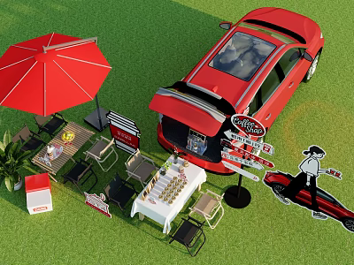 Outdoor Table On Green Grass With Red Umbrella Open Car Trunk Chess Set And Chairs 3d model