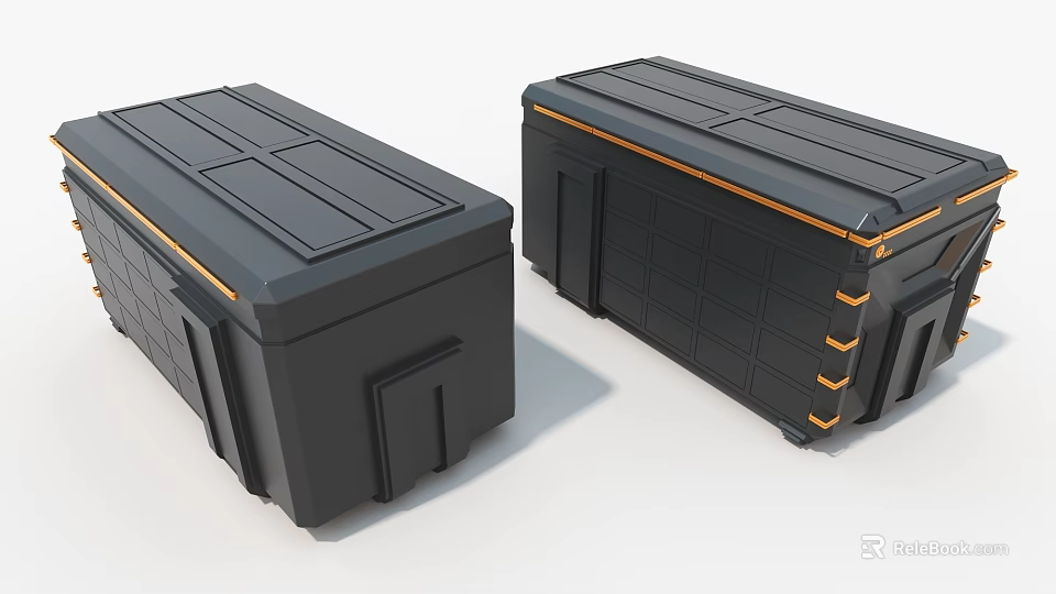 Two Black Industrial Storage Containers Featuring Grid Pattern And Orange Accent Strips 3d model 