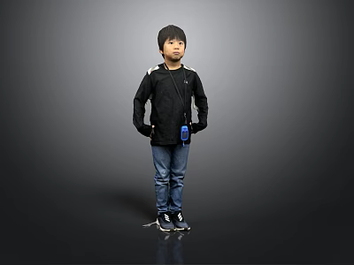 Child in Black Long Sleeved Shirt Blue Jeans Sneakers with Blue Accessory on Gray Background 3d model