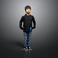 Child in Black Long Sleeved Shirt Blue Jeans Sneakers with Blue Accessory on Gray Background