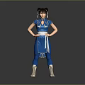 A Woman in Blue Martial Arts Outfit with Double Ponytail and Hands on Hips