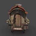 Rustic Vintage Wooden Cart With Red Roof And Two Wooden Barrels On Top
