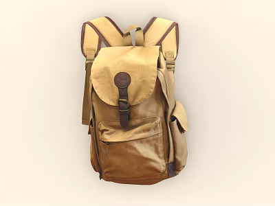Brown Canvas Backpack With Leather Accents Front Flap And Adjustable Straps Side Pocket 3d model