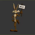 Cartoon Rabbit Character Holding Hello Sign Standing on Gray Background