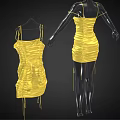 Yellow Spaghetti Strap Ruched Dress With Drawstring Details On Mannequin And Hanger