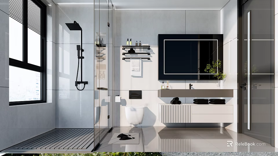 Modern Bathroom Interior With Glass Shower White Tiles Vanity Large Mirror And Toilet 3d model 