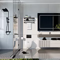 Modern Bathroom Interior With Glass Shower White Tiles Vanity Large Mirror And Toilet