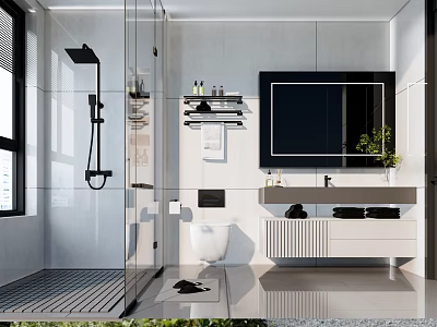 Modern Bathroom Interior With Glass Shower White Tiles Vanity Large Mirror And Toilet 3d model