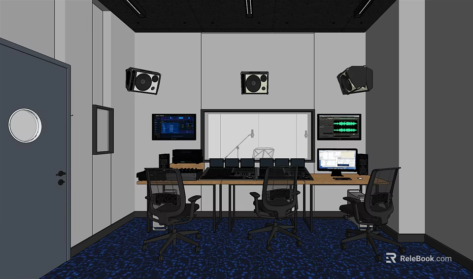 Professional Audio Control Room With Multiple Speakers Console And Computer Screens 3d model 