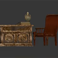 Vintage Wooden Desk With Carved Details Patterned Mat Vase Books And Leather Chair