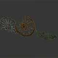 Antique Broken Wooden Cart Wheels With Spokes On White Background