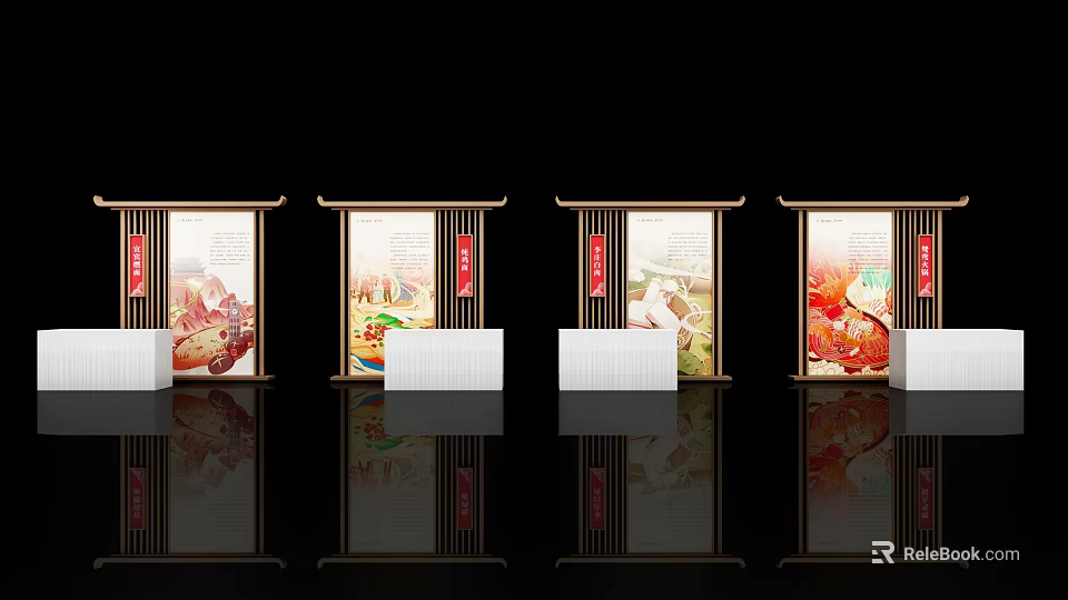 Colorful Scroll Display Check-in Photo Spot With Food Patterns White Pedestals Black Background Reflective Floor 3d model 