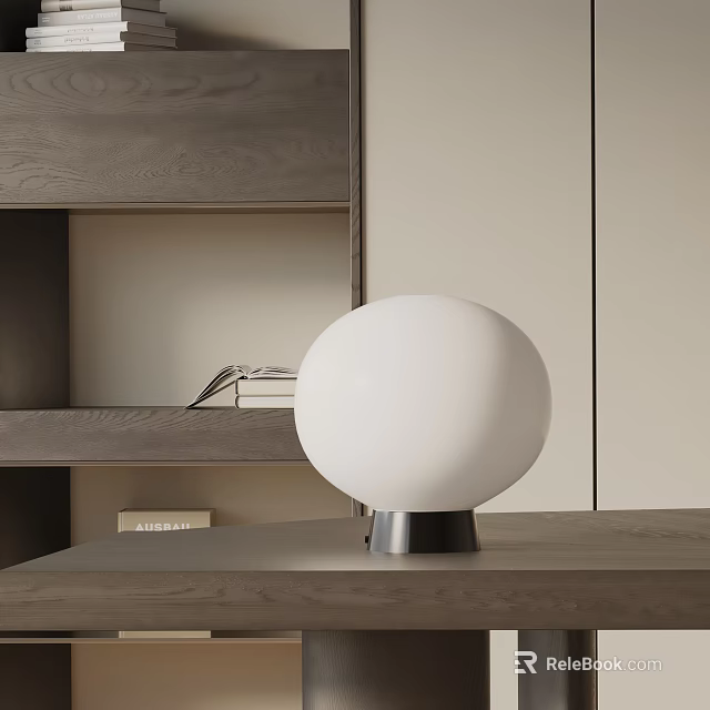 Spherical White Table Lamp On Wooden Tabletop Near Gray Bookshelf With Books 3d model 