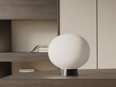 Spherical White Table Lamp On Wooden Tabletop Near Gray Bookshelf With Books 3d model