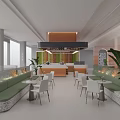 Modern Casual Lounge Interior With Green Benches White Chairs Round Tables And Large Plants