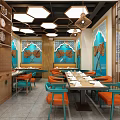 Traditional Restaurant Interior With Blue Decorative Walls Hanging Lights And Wooden Partitions