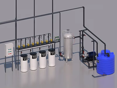 Industrial Equipment System Featuring White Filter Tanks Piping Control Panel And Blue Drum 3d model