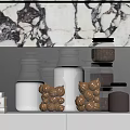 Stylish Glass Spice Jars Arranged On Kitchen Shelf With Marble Backdrop And Books