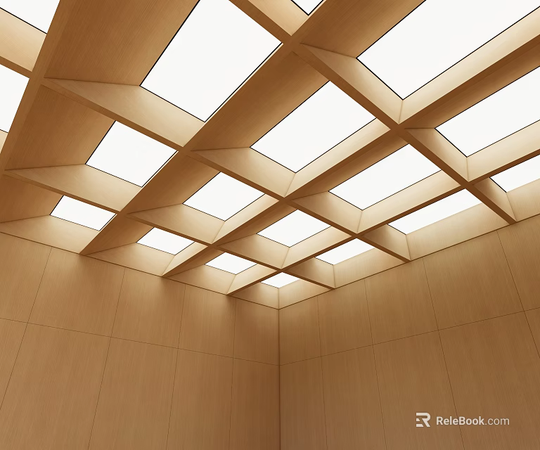 Modern Wooden Ceiling Design With Square Skylights And Paneled Interior Walls 3d model 
