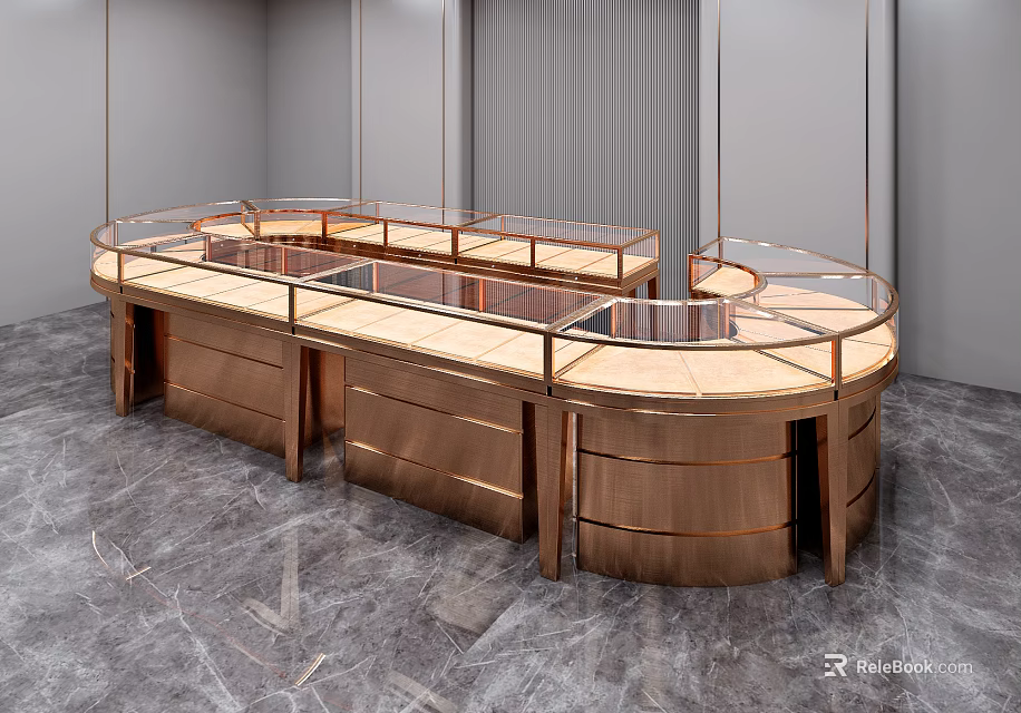 Elegant Circular Display Shelves With Brass Frame And Glass Display Surfaces 3d model 