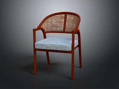 Classic Wooden Armchair With Rattan Backrest And Patterned Upholstered Seat 3d model
