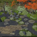 Courtyard Garden With Persimmon Tree Orange Leaves Stone Path Lantern And Bamboo Fence
