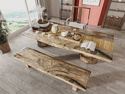 Wooden Tea Table And Bench With Teaware Open Book And Scenic Window View 3d model