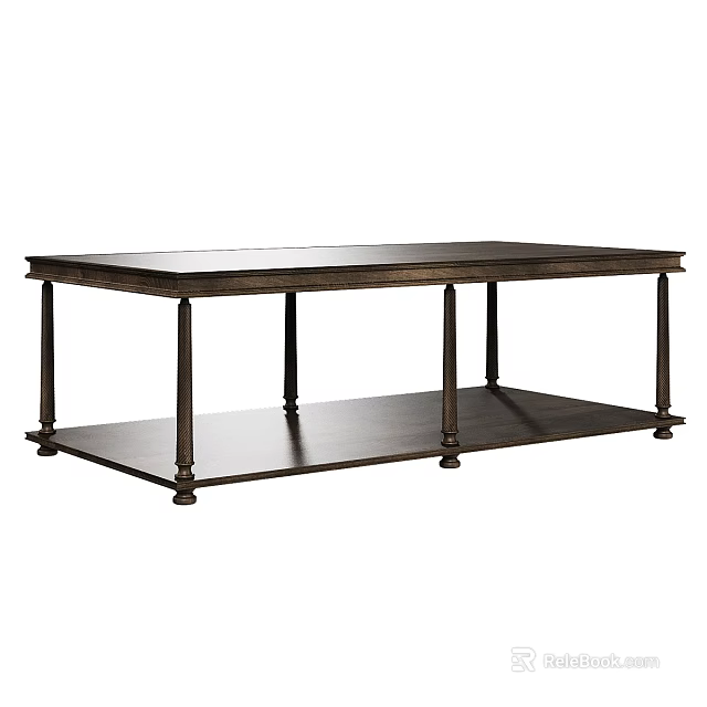 Rustic Dark Wood Coffee Table With Sturdy Legs And Lower Storage Shelf 3d model