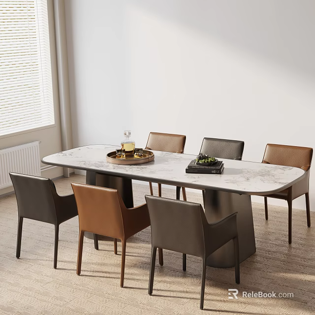 Modern Dining Table Set with Rectangular Marble Top and Six Brown Gray Chairs 3d model 