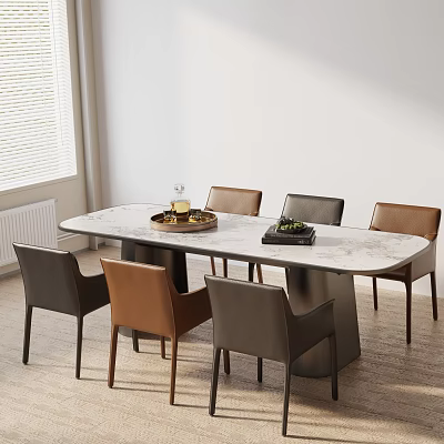Modern Dining Table Set with Rectangular Marble Top and Six Brown Gray Chairs 3d model