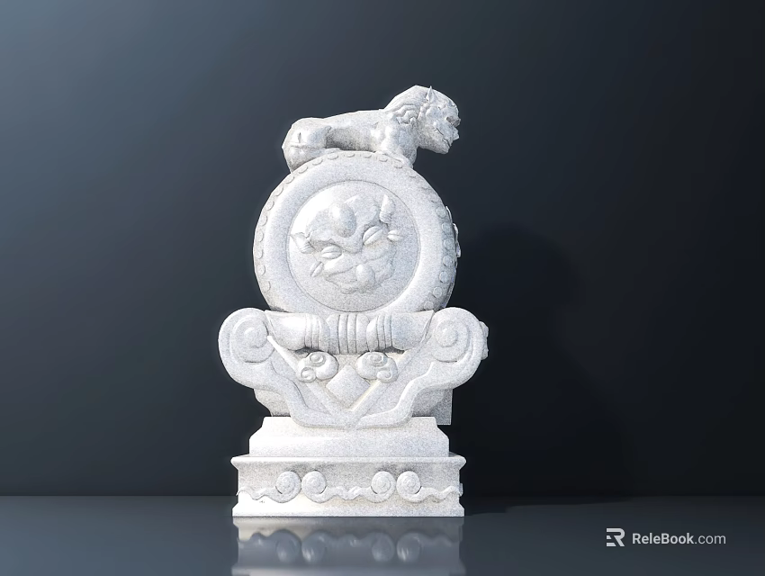 Traditional White Stone Garden Ornament With Small Lion Circular Decorative Top And Carved Base 3d model 
