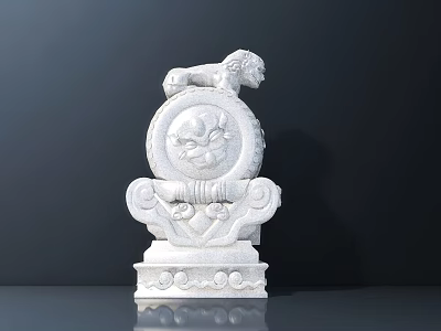 Traditional White Stone Garden Ornament With Small Lion Circular Decorative Top And Carved Base 3d model
